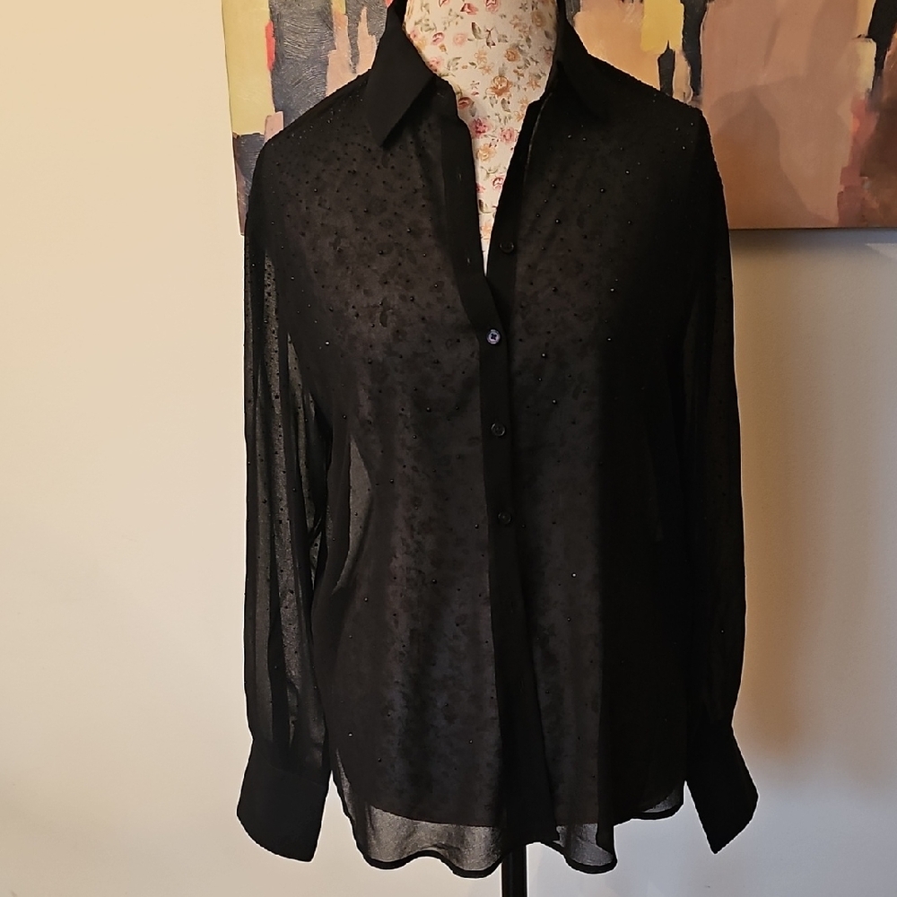 NWOT Rachel Zoe Black Sheer Button-Down  With A Gem Stones Blouse. Size S